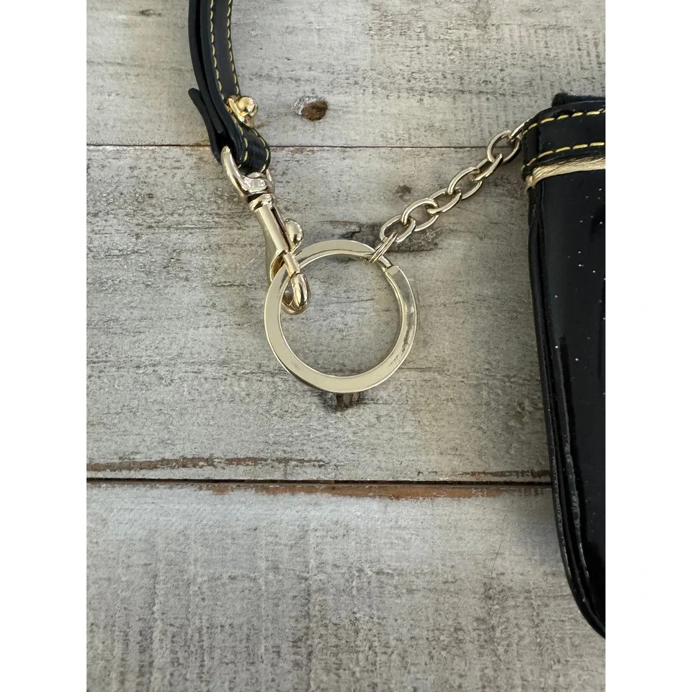 Dooney & Bourke Black Glitter‎ Patent Leather Wristlet Pouch Key Ring Coin Purse